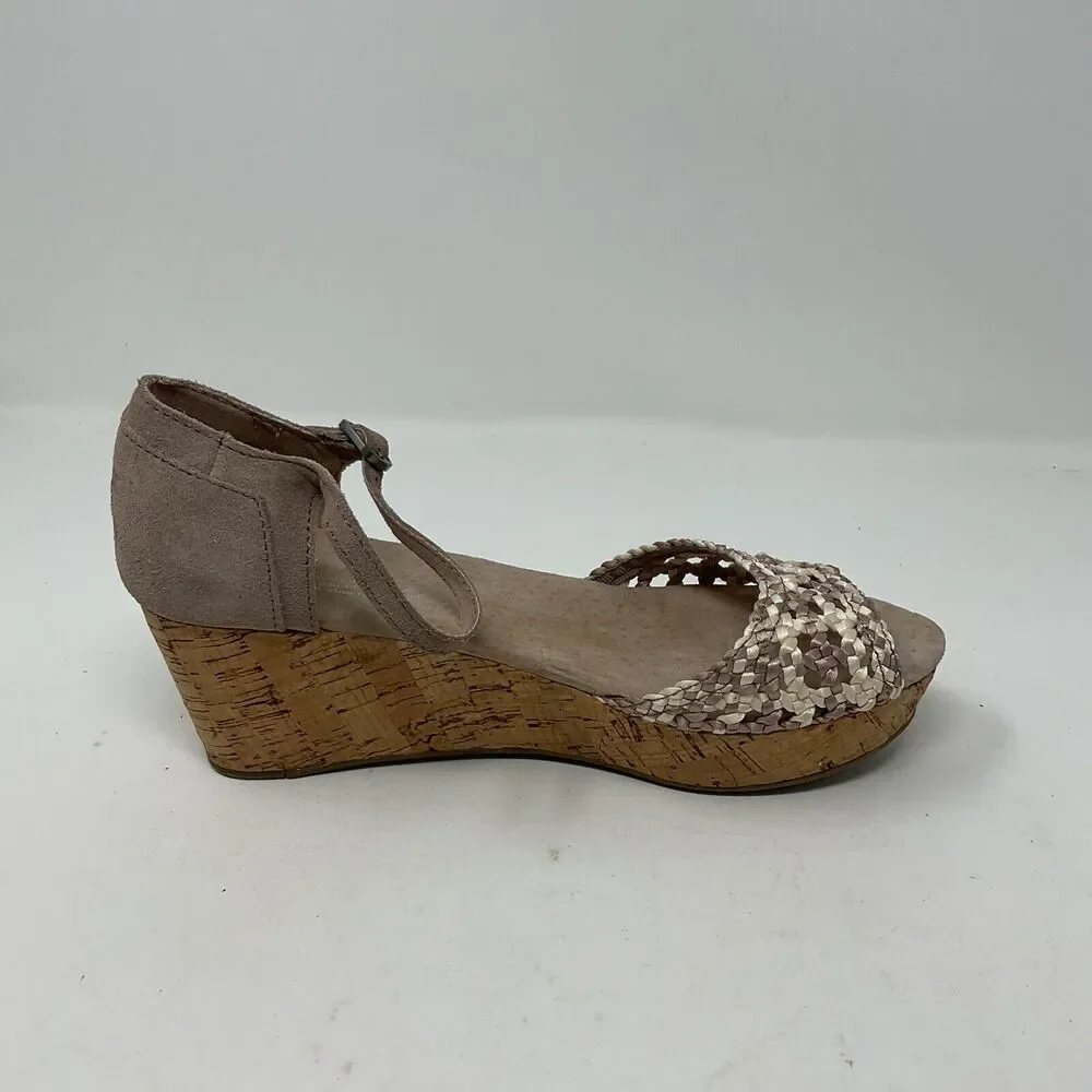 Toms Wedge Sandals‎ 7.5 Beige Tan Strappy Open Toe Shoes Ankle Strap Cork Heel